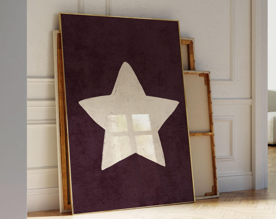 Hand Drawn White Star on Dark Plum Minimal Retro Style Poster