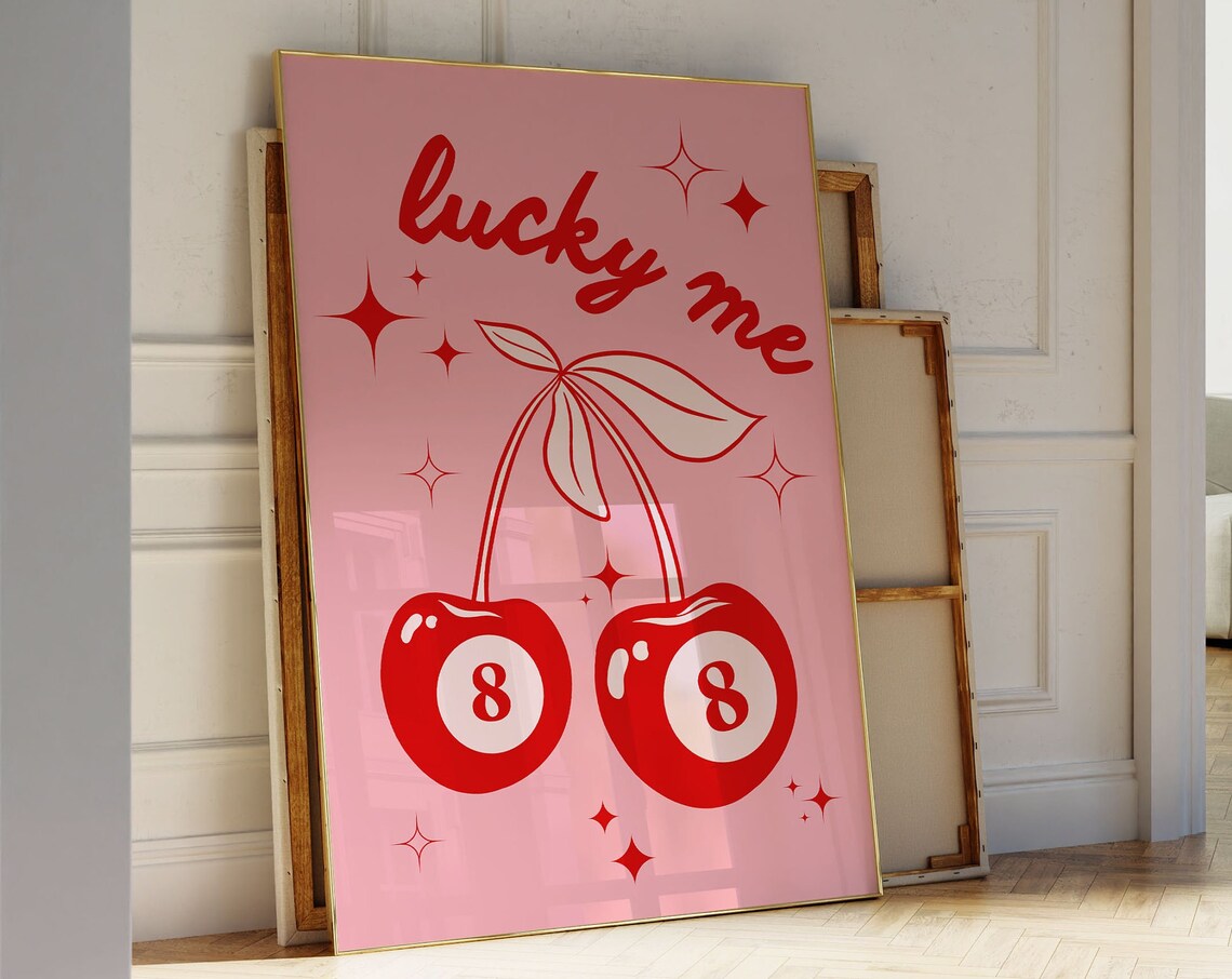 Lucky Me Cherry 8 Ball Retro Pink Preppy Aesthetic Wall Poster