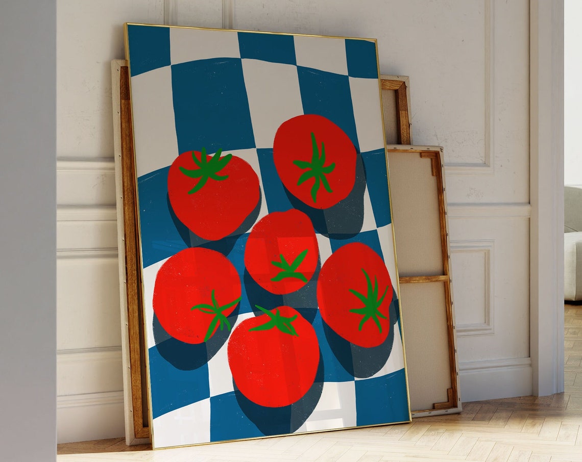 Retro Red Tomatoes on Blue Checkered Kitchen Food Art Poster - Image 4