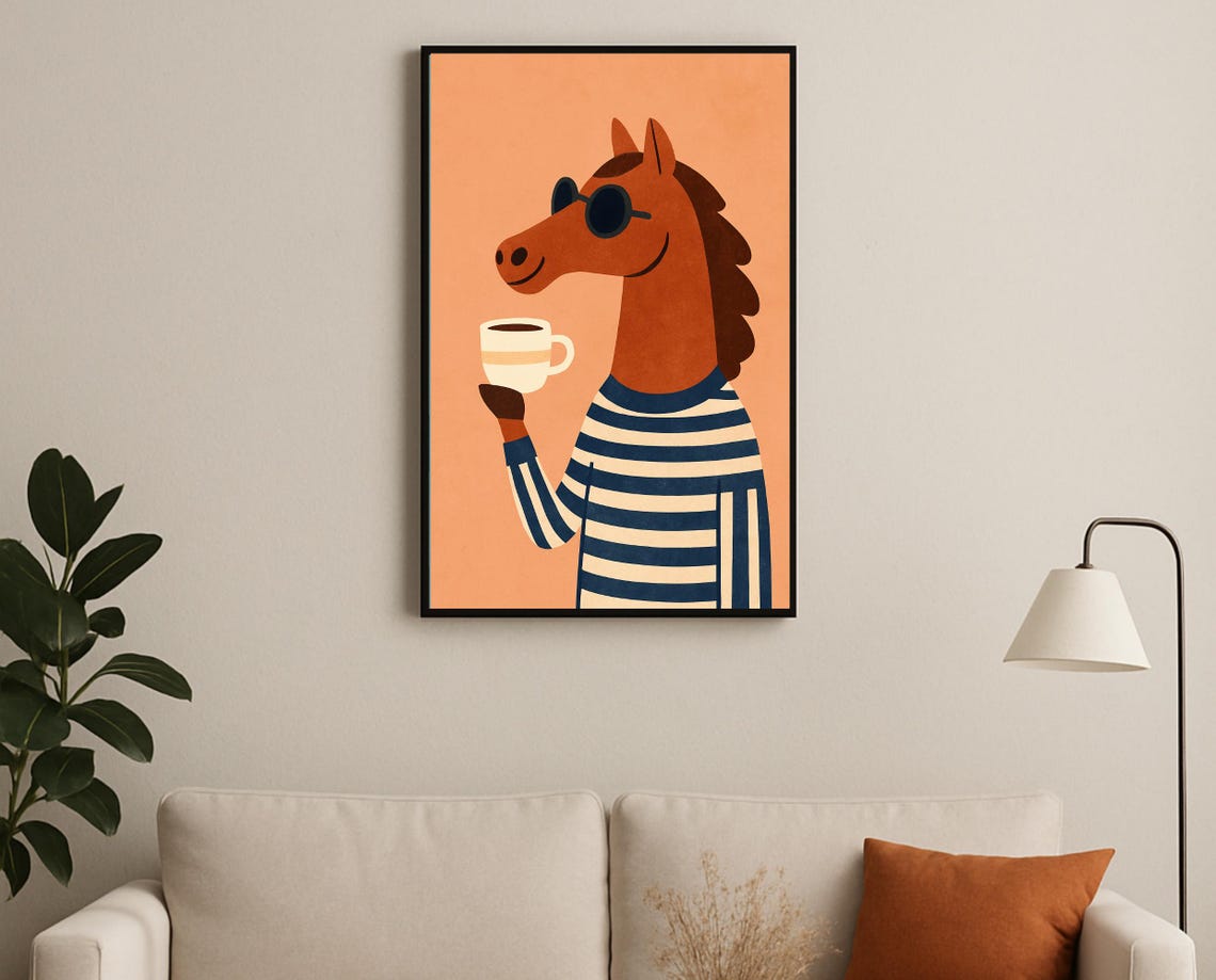 Coffee Drinking Horse Poster Sunglasses Cool Animal Living Room Art