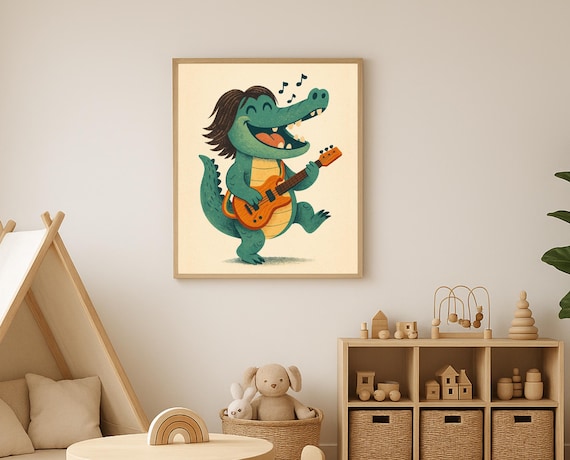 Rockstar Alligator Playing Guitar Funny Music Kids Croc Nursery Wall Poster
