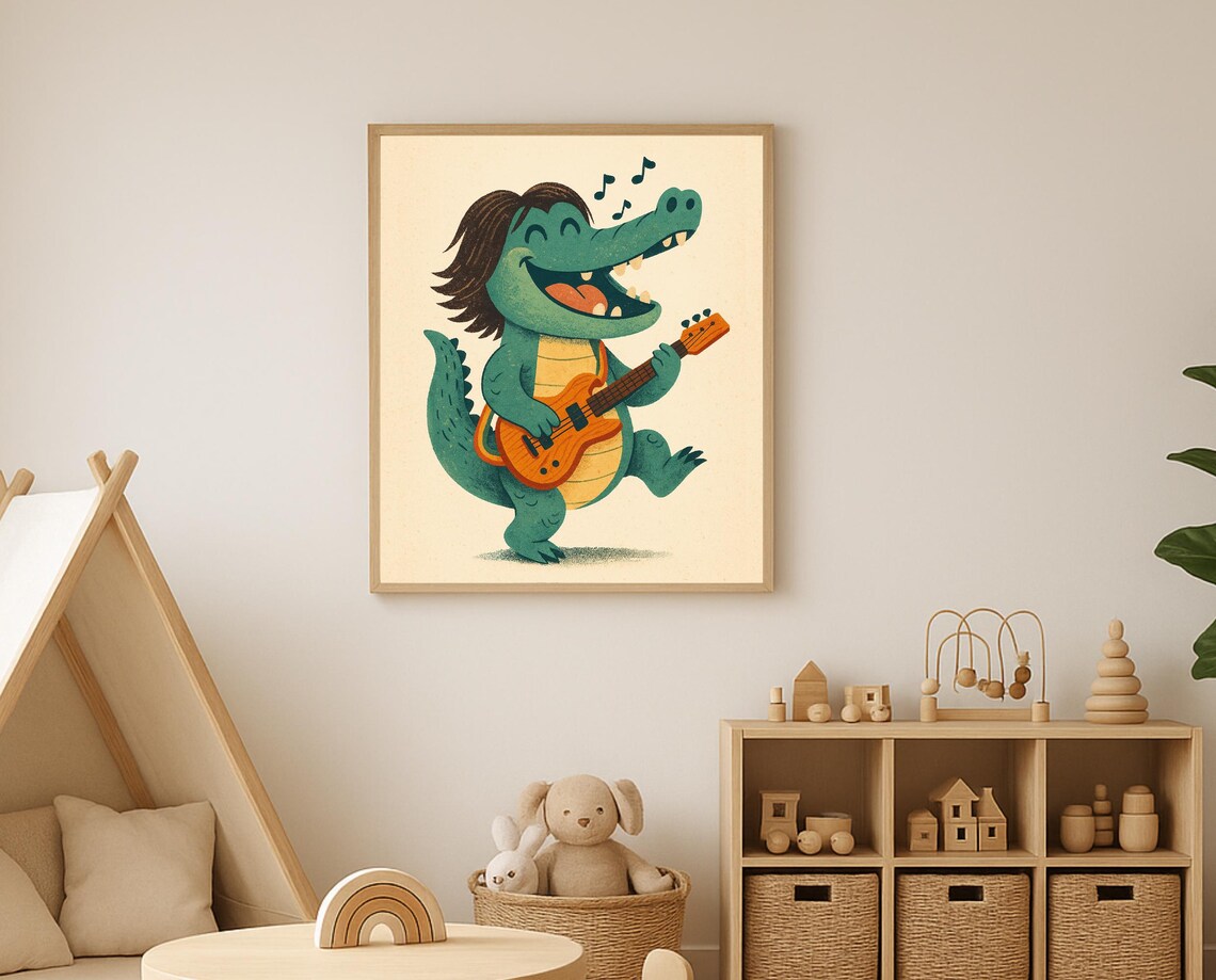 Rockstar Alligator Playing Guitar Funny Music Kids Croc Nursery Wall Poster