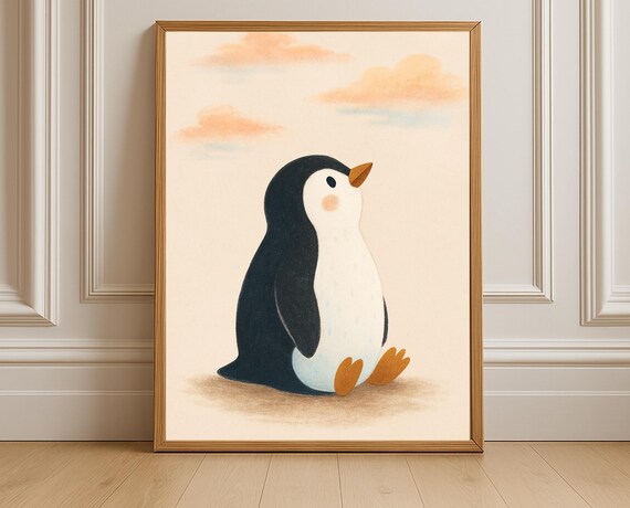 Baby Penguin Sitting Soft Peach Sky Minimalist Nursery Poster