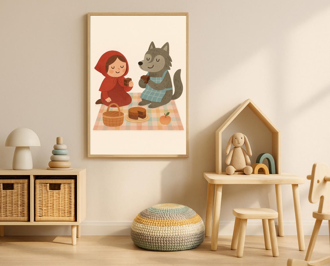 Red Riding Hood Wolf Picnic Wall Art Fairy Tale Nursery Pastel Storybook Illustration