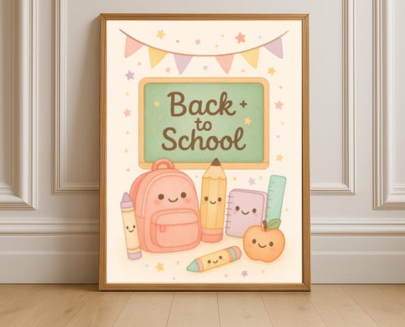 Back To School Wall Art Cute Supplies Classroom Decor Pastel Chalkboard Sign Instant