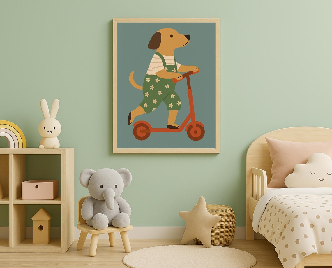 Happy Dog Riding Scooter Cute Hobby Animal Nursery Kids Poster