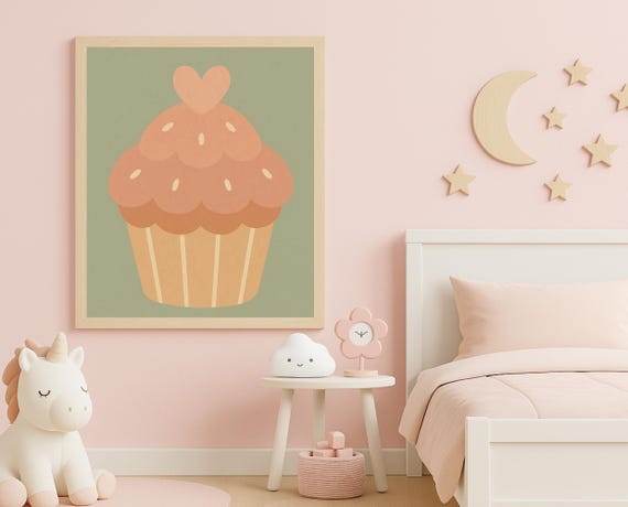 Heart Cupcake Nursery Wall Art Pastel Print For Baby Girl Room Instant