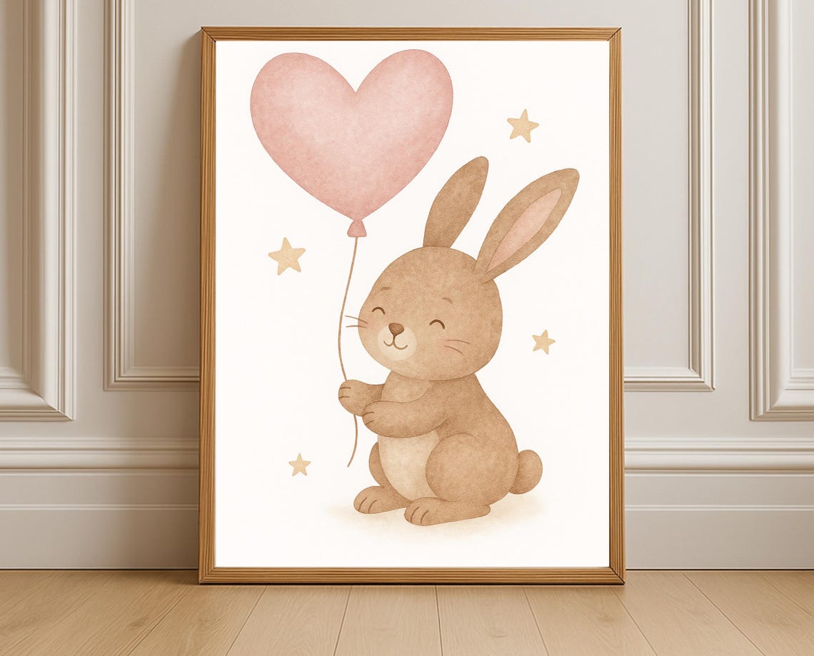 Bunny Holding Big Pink Heart Balloon with Stars Nursery Poster