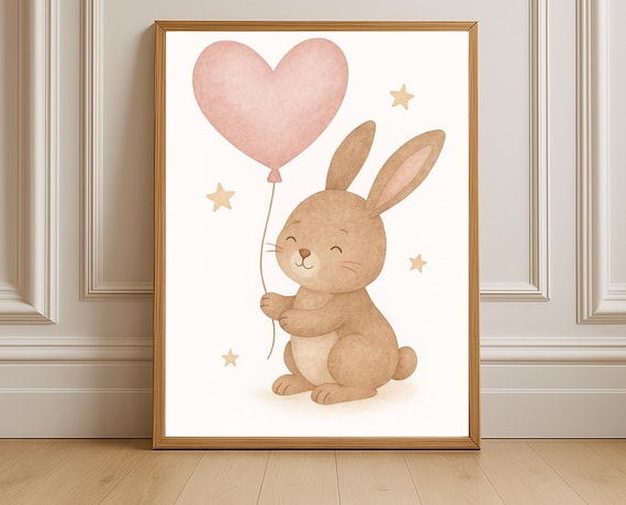 Bunny Holding Big Pink Heart Balloon with Stars Nursery Poster