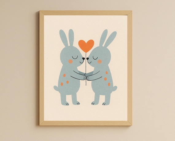 Two Cuddling Bunnies Holding an Orange Heart Balloon Love Poster
