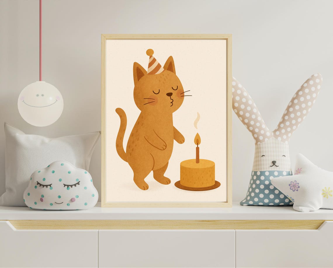 Birthday Cat Wall Art Cute Nursery Decor Animal Party Illustration For Kids Room