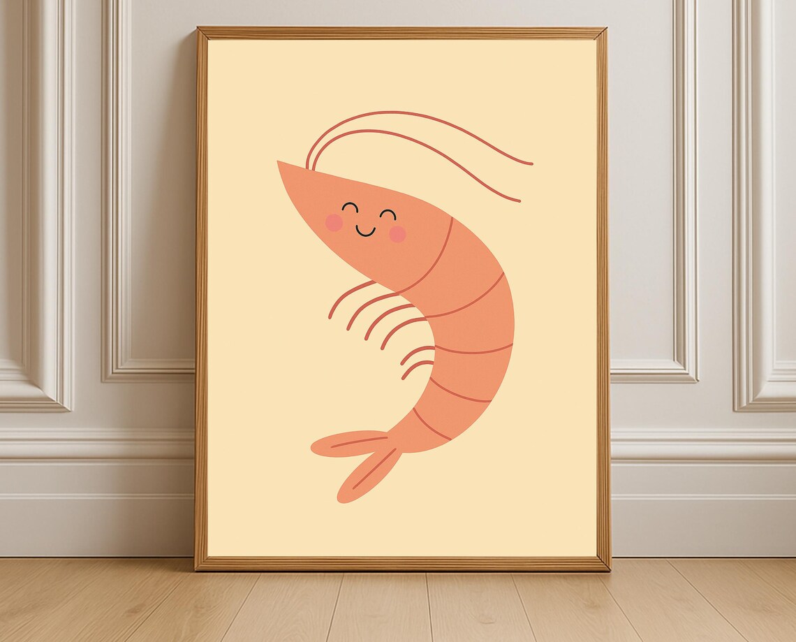 Smiling Pink Shrimp Happy Cute Ocean Animal Nursery Kids Poster
