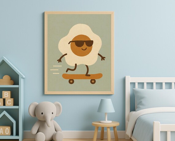 Speedy Fried Egg On Skateboard Funny Wall Art For Kids Room Playful Nursery Print