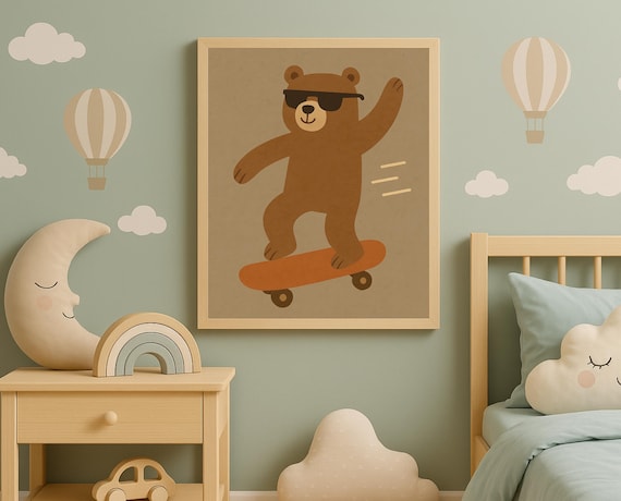 Skateboarding Bear With Sunglasses Cool Action Kids Room Wall Art