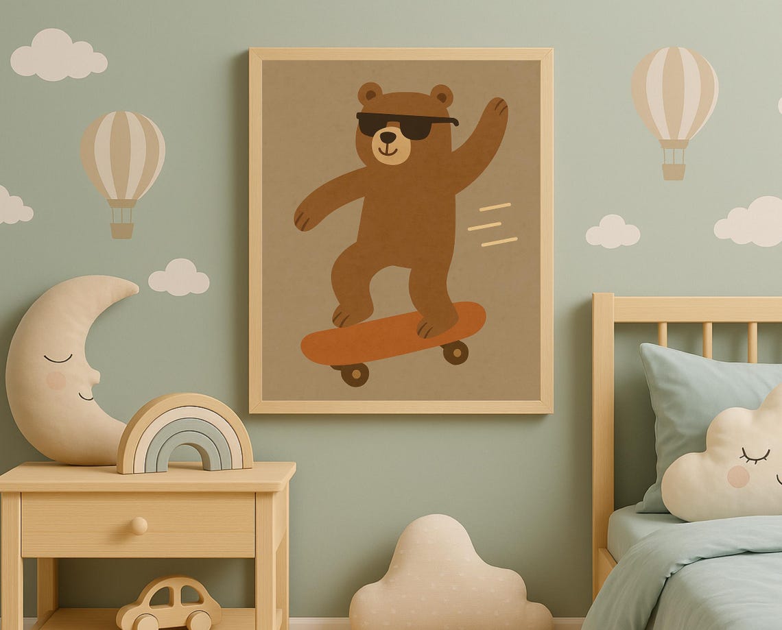 Skateboarding Bear Wall Art Cool Hobby Animal Print For Kids Room Nursery Poster