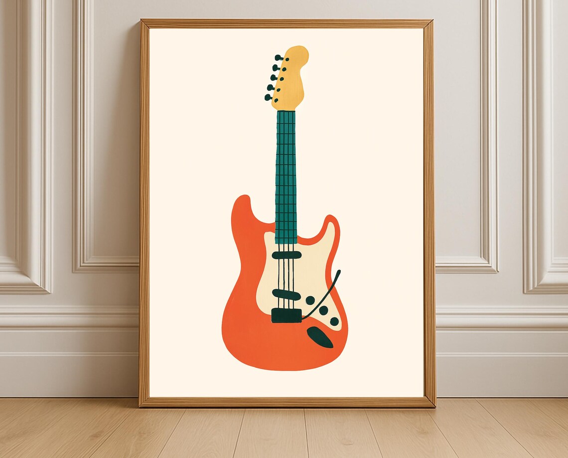 Orange Electric Guitar Illustration Retro Music Poster Kids Room Rock Decor
