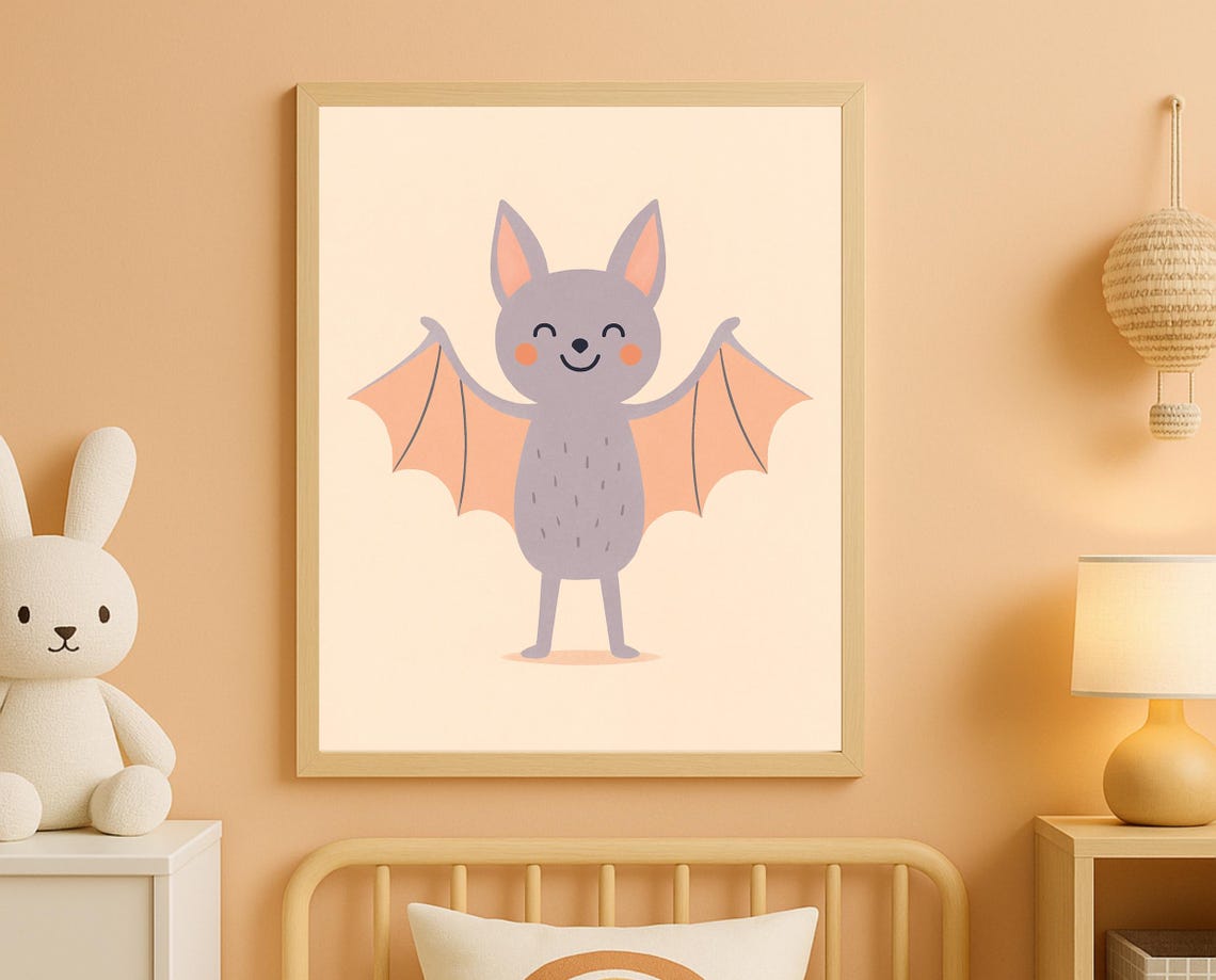 Cute Bat Wall Art Halloween Nursery Decor Flying Animal For Kids Room