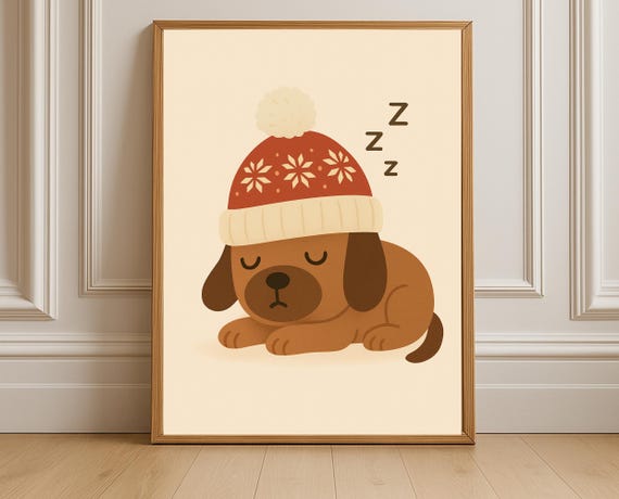 Sleeping Puppy Winter Hat Christmas Wall Art Kids Nursery Decor