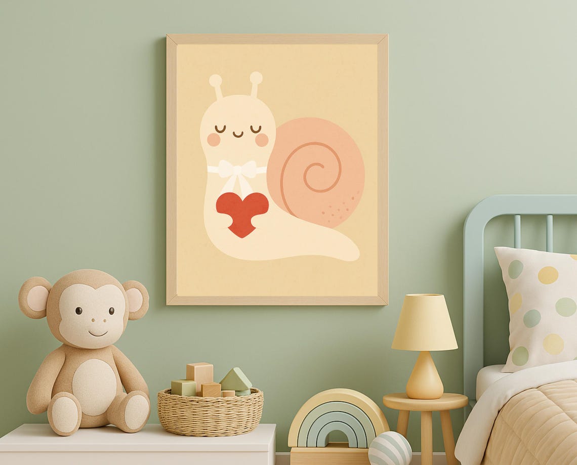 Cute Snail Holding Red Heart Valentine Nursery Baby Room Poster