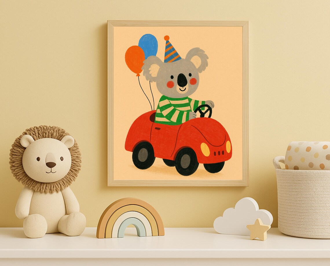 Koala Driving Red Car With Balloons Party Nursery Kids Wall Art