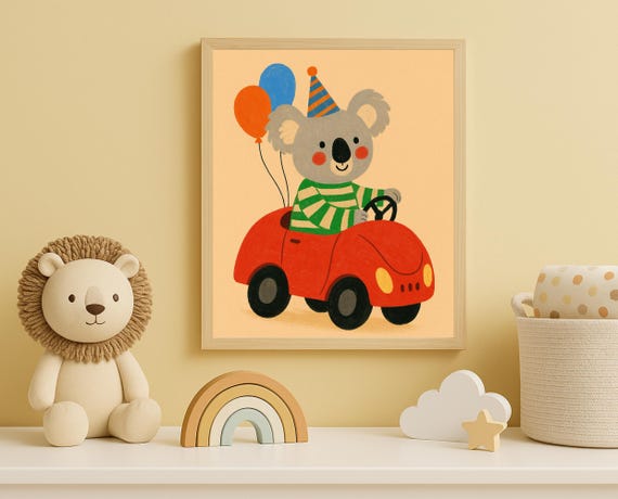 Koala In Car Wall Art Birthday Nursery Print Kids Room Decor Baby Shower Gift
