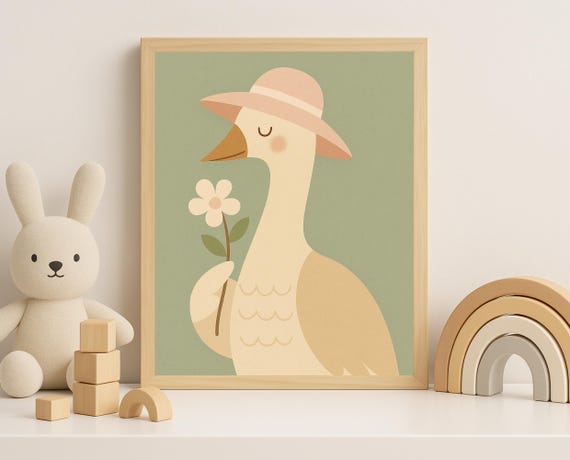 Elegant Goose With Flower Pastel Nursery Wall Art Gentle Animal Print For Kids Room