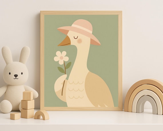 Elegant Goose With Sunhat Holding Flower Pastel Nursery Wall Art