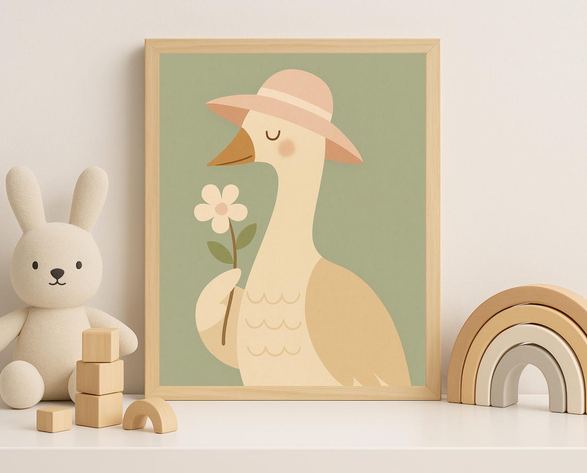 Elegant Goose With Sunhat Holding Flower Pastel Nursery Wall Art
