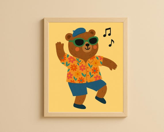 Dancing Bear Wall Art Summer Animal Nursery Whimsical Print For Kids Room Playful Childrens Decor