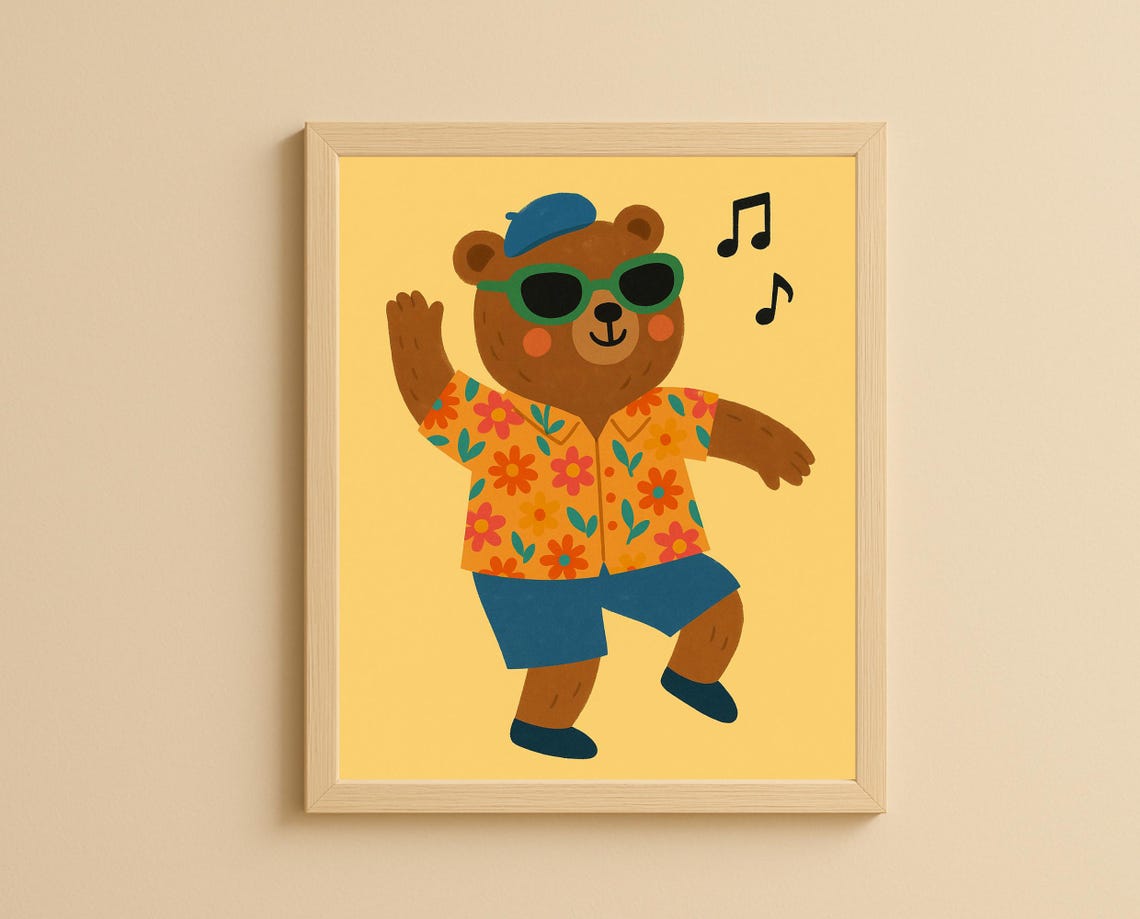Dancing Bear Wall Art Summer Animal Nursery Whimsical Print For Kids Room Playful Childrens Decor