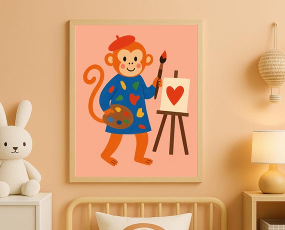Painter Monkey Wall Art Cute Artist Animal For Nursery Toddler Room