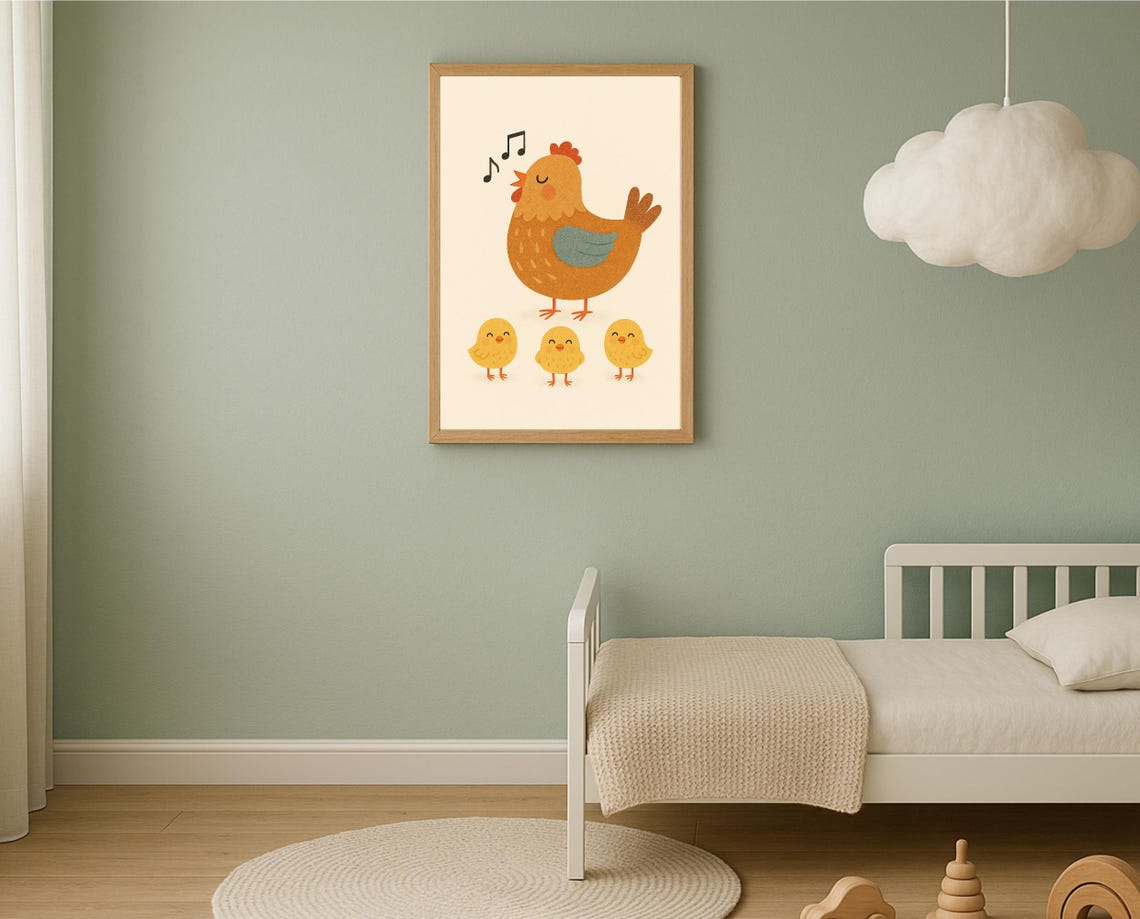 Singing Hen And Chicks Nursery Print Farm Animal Wall Art Kids Room Decor