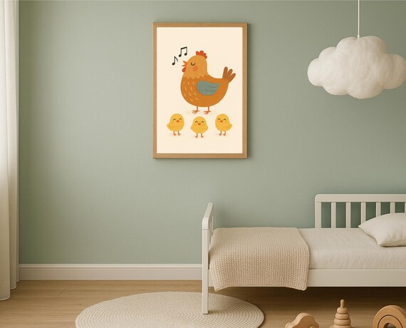 Singing Hen with Three Chicks Farm Music Notes Nursery Poster