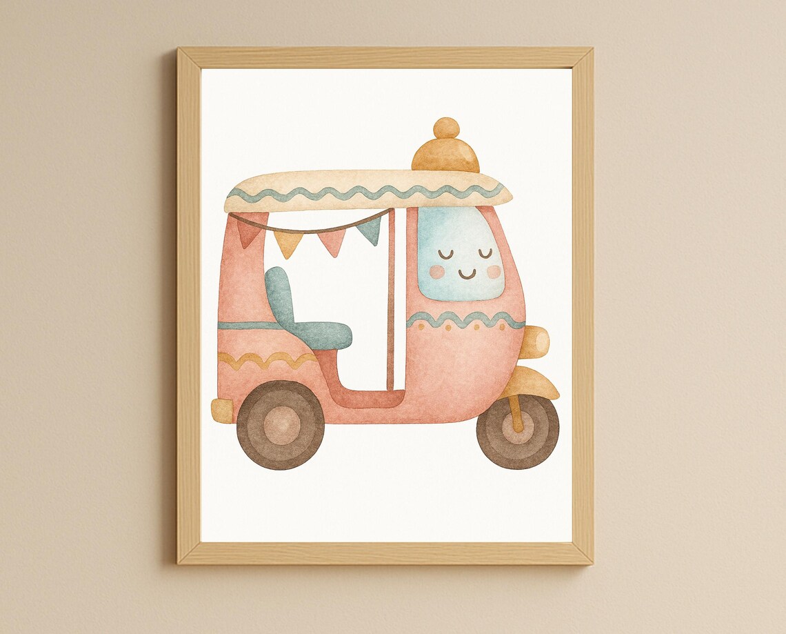 Pink Tuk Tuk Rickshaw With Bunting Watercolor Kids Travel Poster