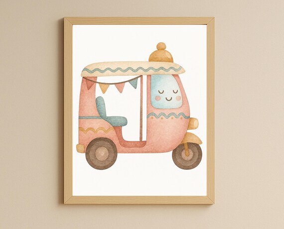 Pink Tuk Tuk Rickshaw With Bunting Watercolor Kids Travel Poster