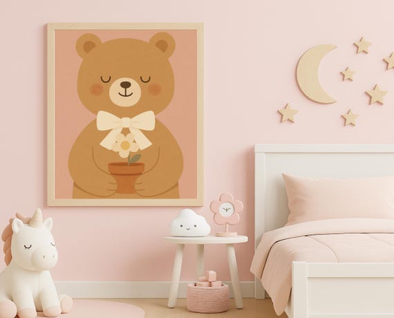Bear With Flower Pot Wall Art Nursery Print Cozy Animal Poster For Kids Room Decor