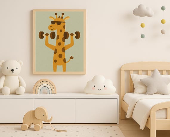 Cool Giraffe Lifting Weights Fun Nursery Wall Art For Kids Room Hobby Animal Series