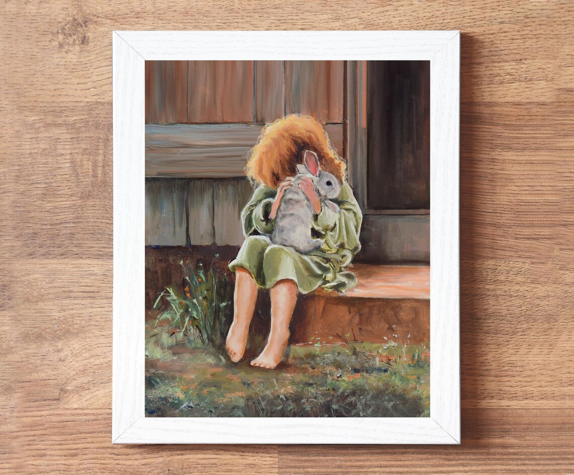 Little Girl Hugging a Bunny While Sitting on a Farmhouse Porch Poster - Image 4