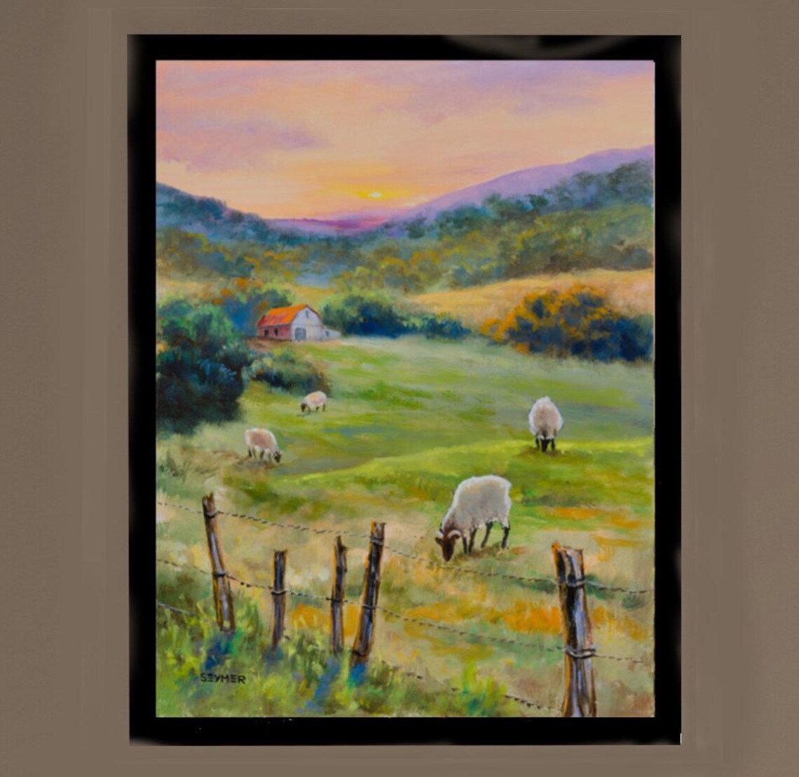Prairie Farmhouse Landscape Art Print, Red Barn