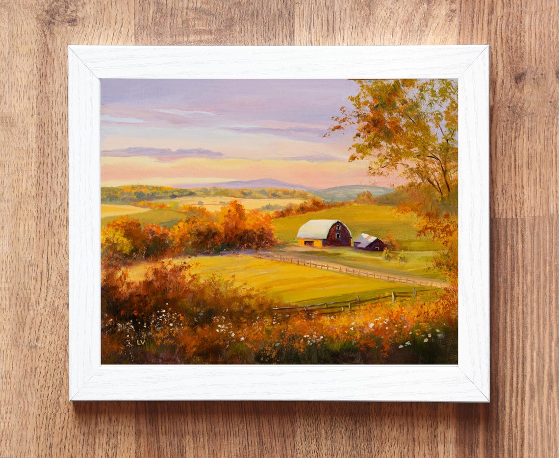 Autumn Farm with Red Barn at Sunset Oil Painting Farm Poster - Image 3