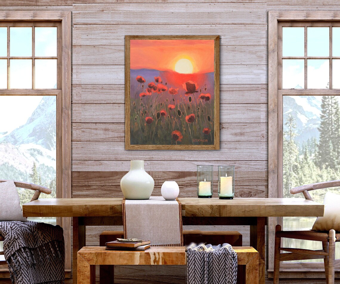 Red Poppies Swaying in the Wind Against a Fiery Sunset Poster - Image 6