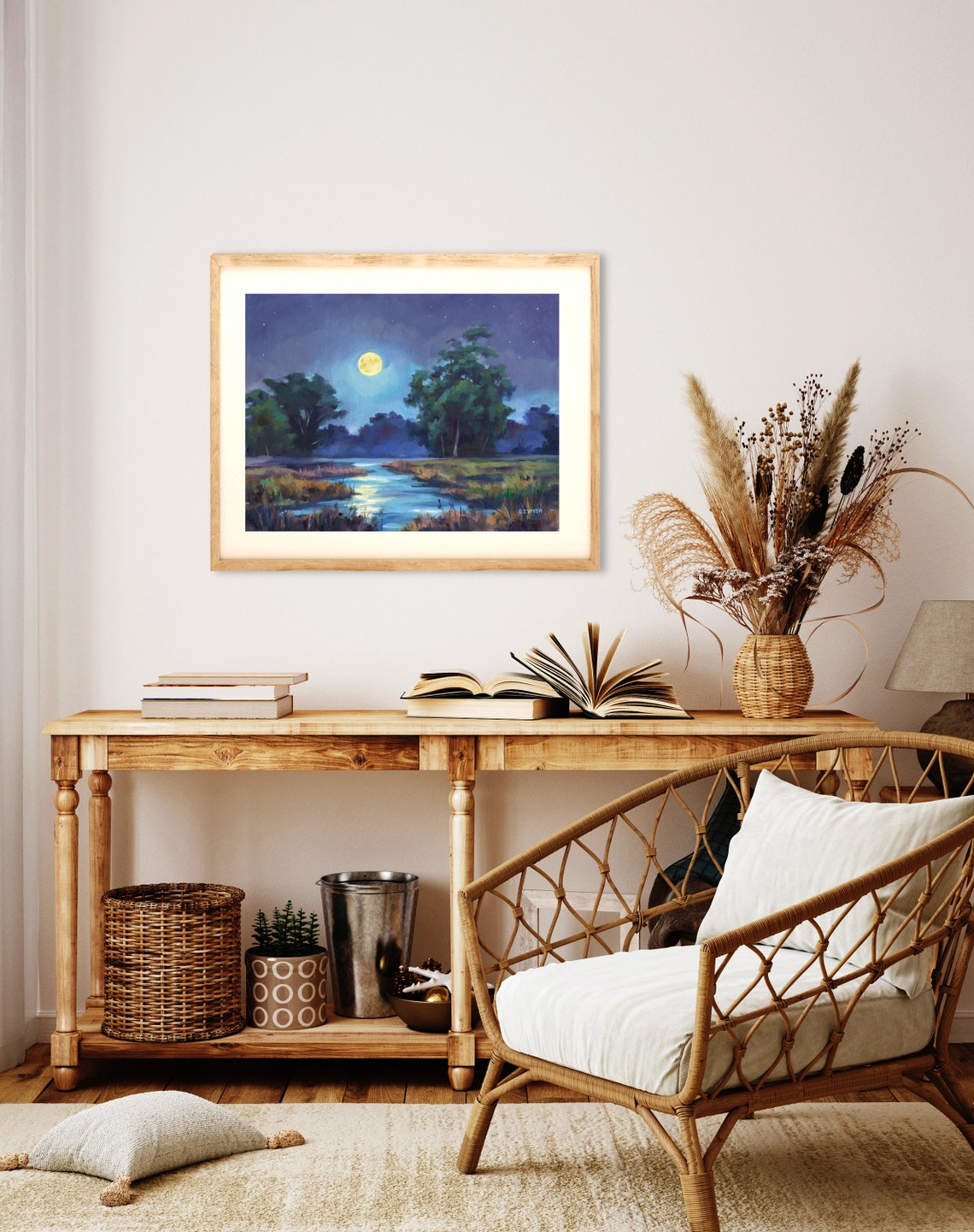 Glowing Full Moon Rising over a Quiet River on a Starry Night Poster - Image 4
