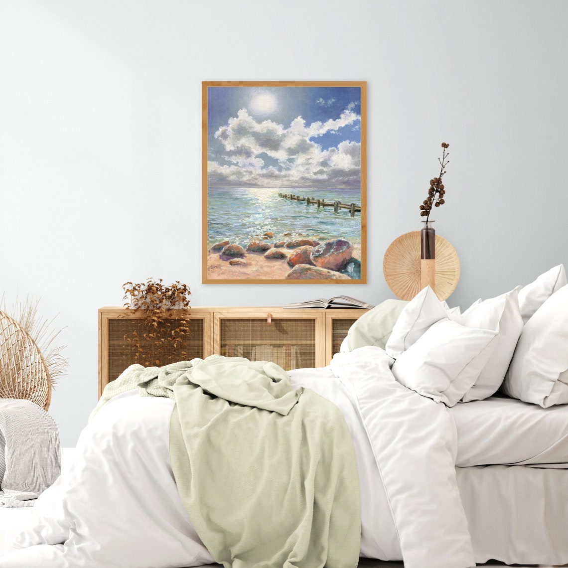 Beach Pier Sunlit Sea Rocky Shore Nautical Coastal Oil Painting Poster - Image 2