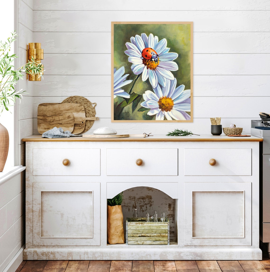 Ladybug Red Spotted Beetle White Daisy Close Up Oil Painting Poster - Image 5