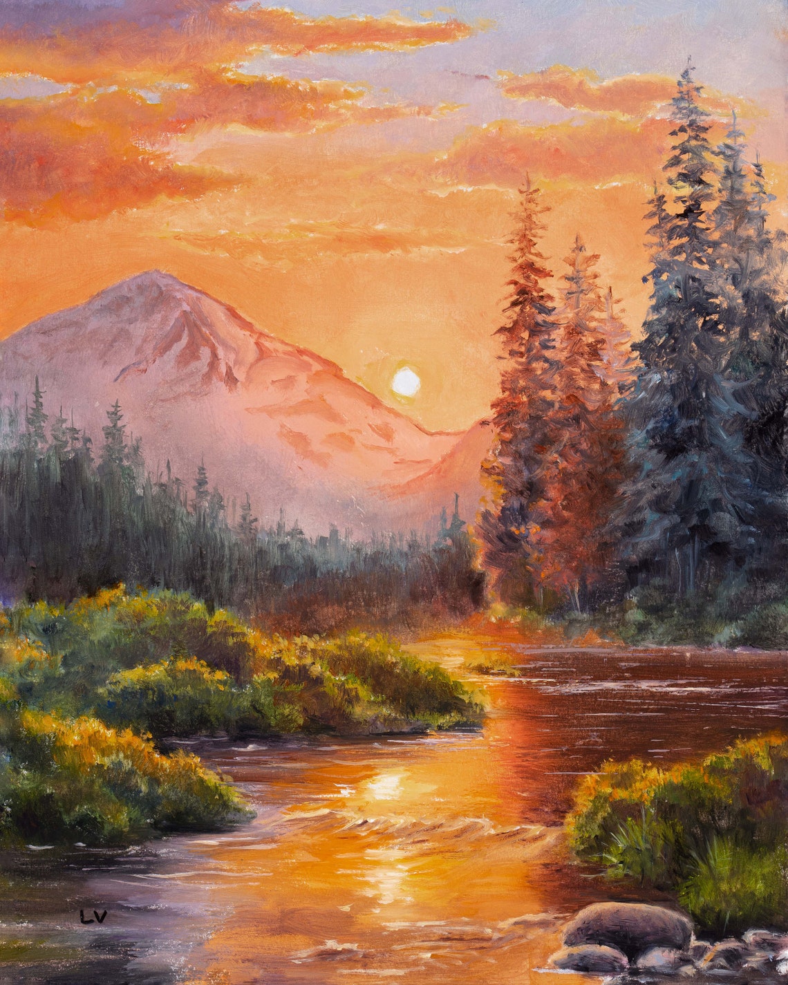 Mountain Scenery Oil Painting Print Warm Landscape Mountain River Wall Art Golden Sky Artwork Rustic Home Gift Enchanted Fairy Forest - Image 6