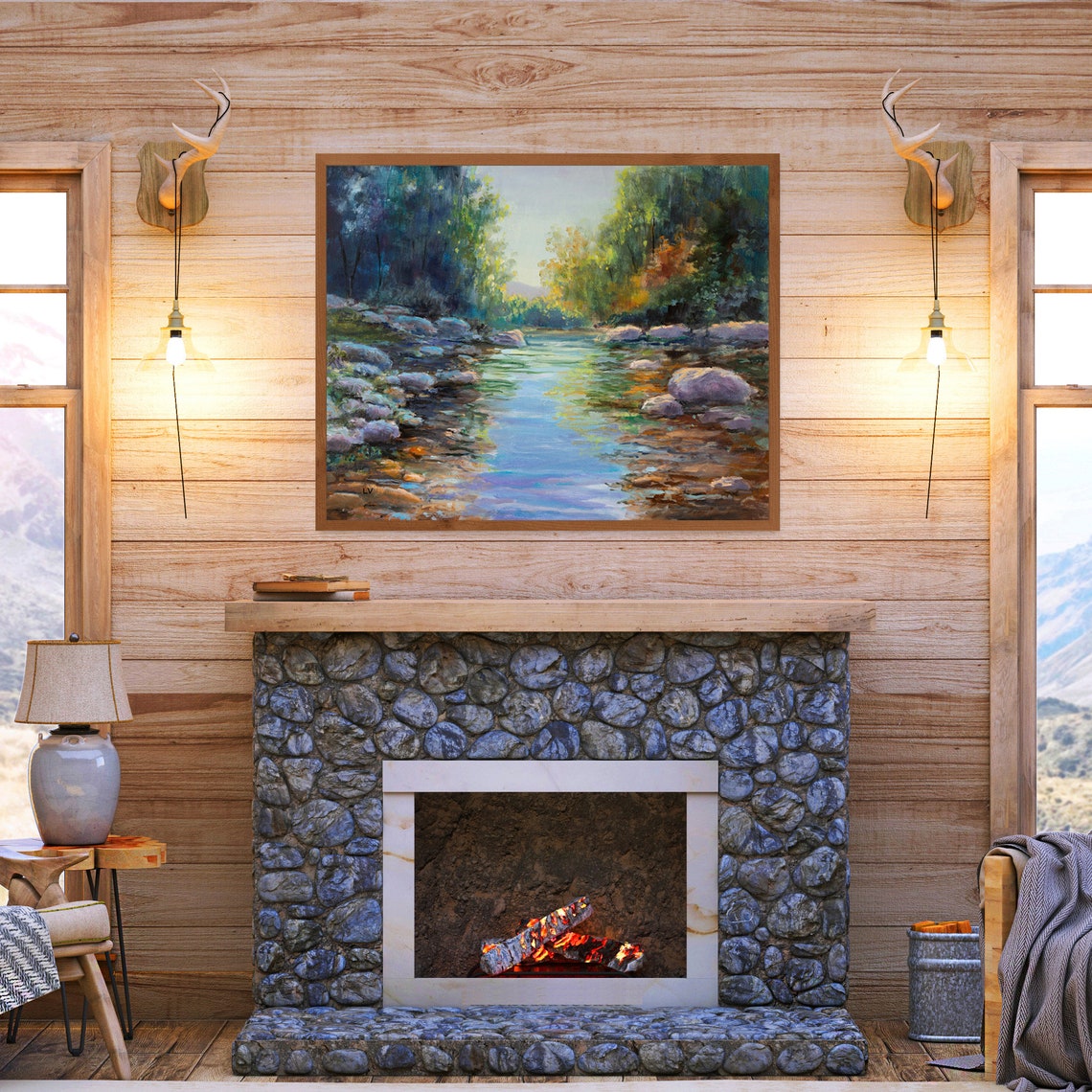 Rocky River Stream Forest Landscape Oil Painting With Sunlight Poster - Image 5