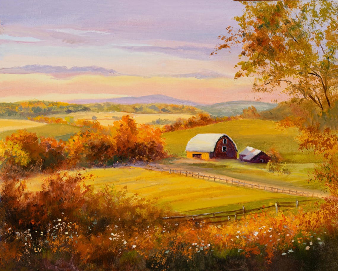 Autumn Harvest Farm With Red Barns At Golden Sunset Countryside Poster - Image 6