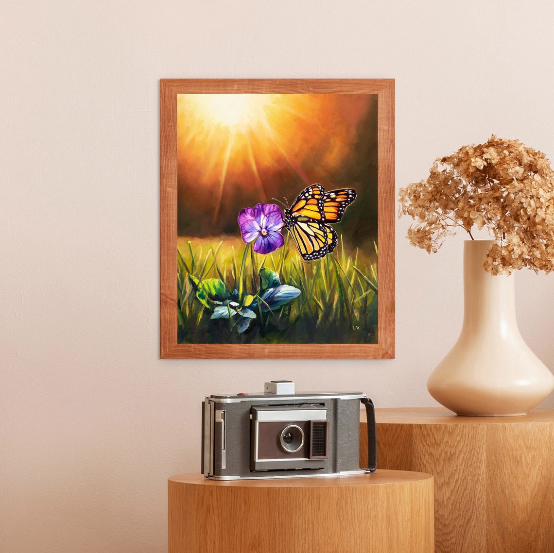 Original Monarch Butterfly Oil Painting Violet Flower And Butterfly Artwork Sunset Field Peaceful Floral Painting Butterfly Gift For Mom - Image 3