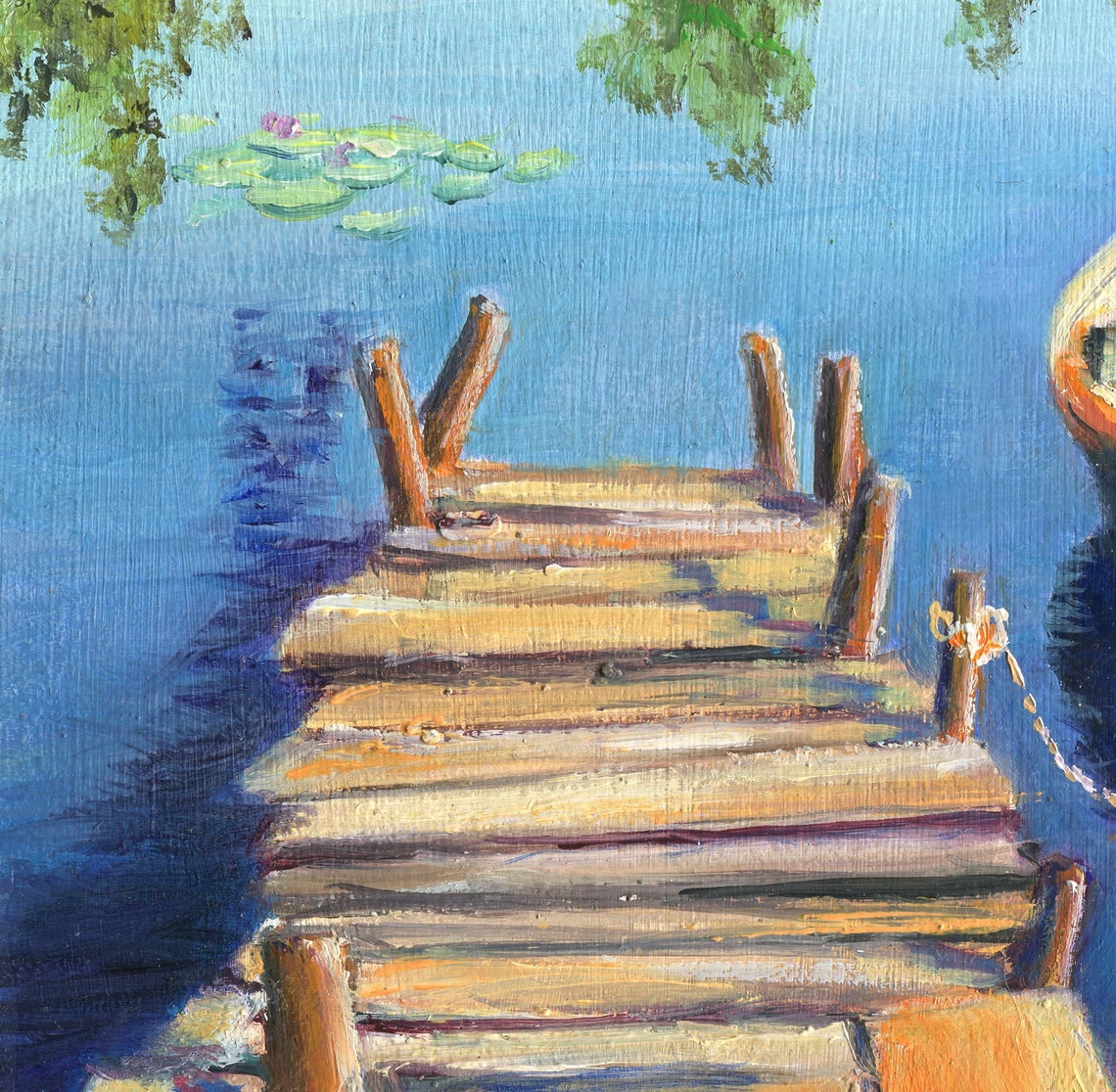 Boat On A Wooden Pier Original Painting Water Lilies Blue Lake Fishing Rowing Boat Nautical Summer Scene Calme Boat Art Lake House Decor - Image 3