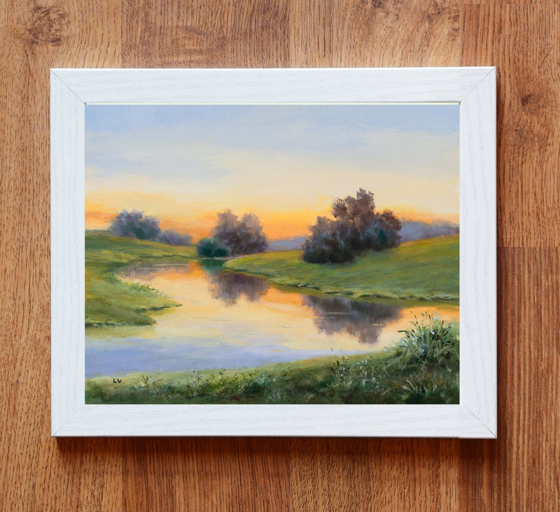 River With Trees Drawing Original Framed Painting Realistic Sunrise River Green Grass Classic Landscape Fine Art Peaceful River Scene - Image 5